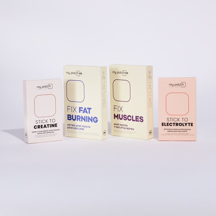 שלוש קופסאות של מדבקות: קריאטין, שריפת שומן, אלקטרוליטים;  לשיפור ביצועים ספורטיביים.
