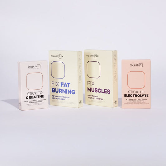 שלוש קופסאות של מדבקות: קריאטין, שריפת שומן, אלקטרוליטים;  לשיפור ביצועים ספורטיביים.